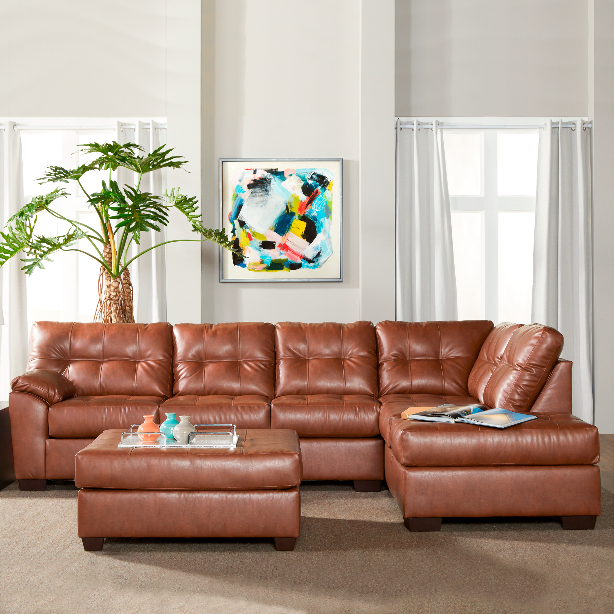Addington Co Dallas Vegan Leather Sectional Sofa with Right Facing Chaise for Living Room, L-Shape, 6-Seats
