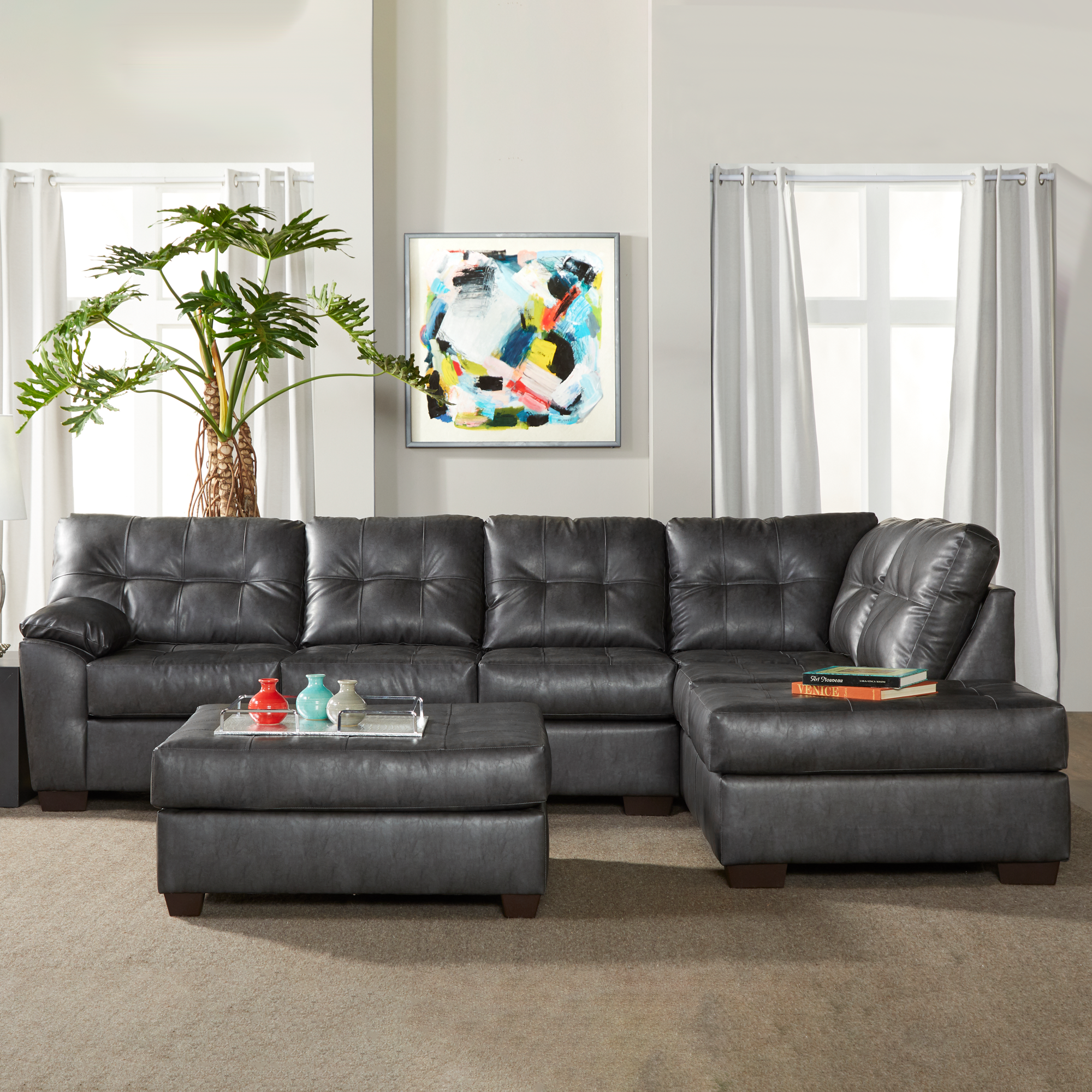 Addington Co Dallas Vegan Leather Sectional Sofa with Right Facing Chaise for Living Room, L-Shape, 6-Seats